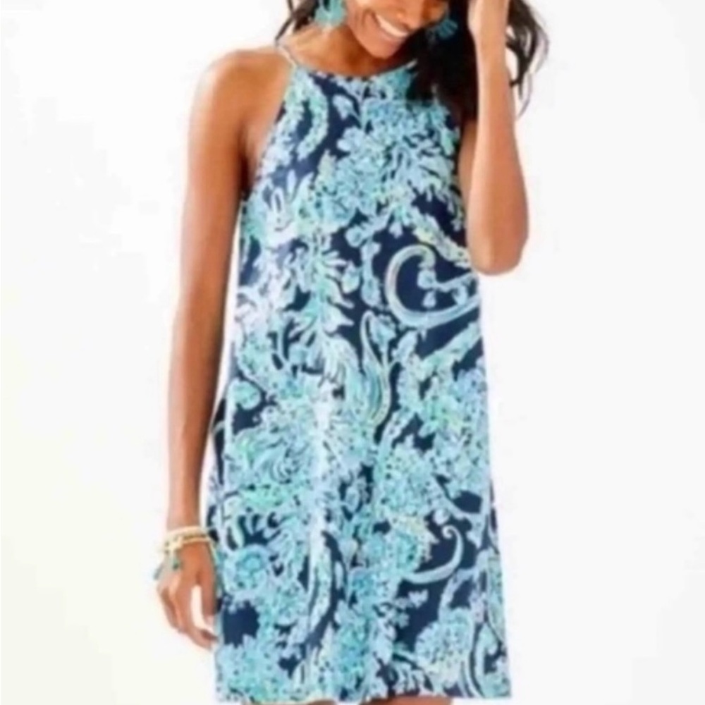 Lilly Pulitzer Navy and Aqua Paisley Halter Shift Dress